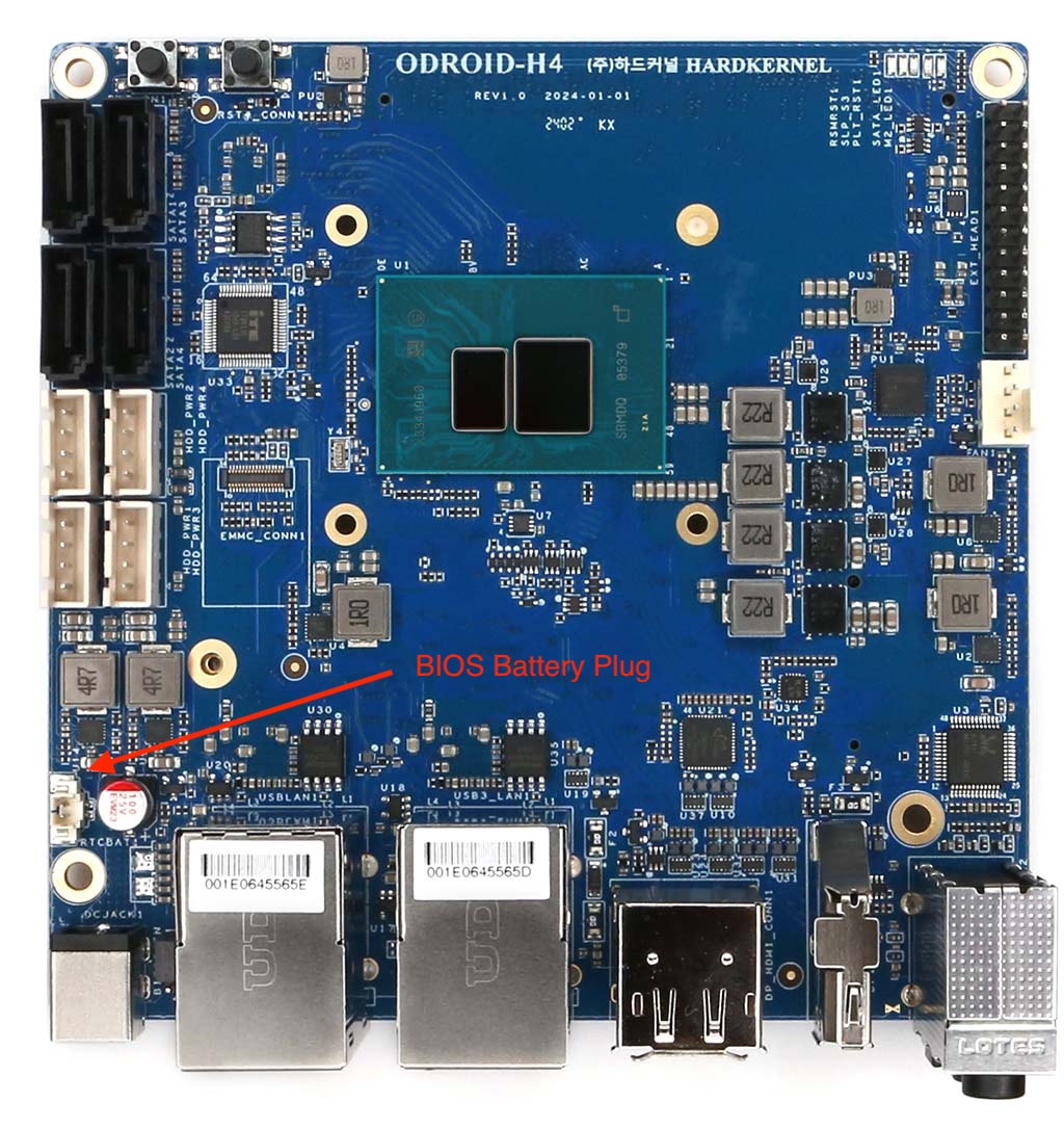 ODROID H4 board w/arrow to location of bios battery plug